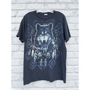 VTG Wolves Native American Dream Catcher Mens Black Graphic T-Shirt Large